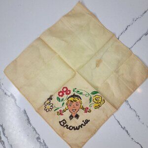 Vintage Brownie Handkerchief Featuring Girl With Flowers. Stains from age